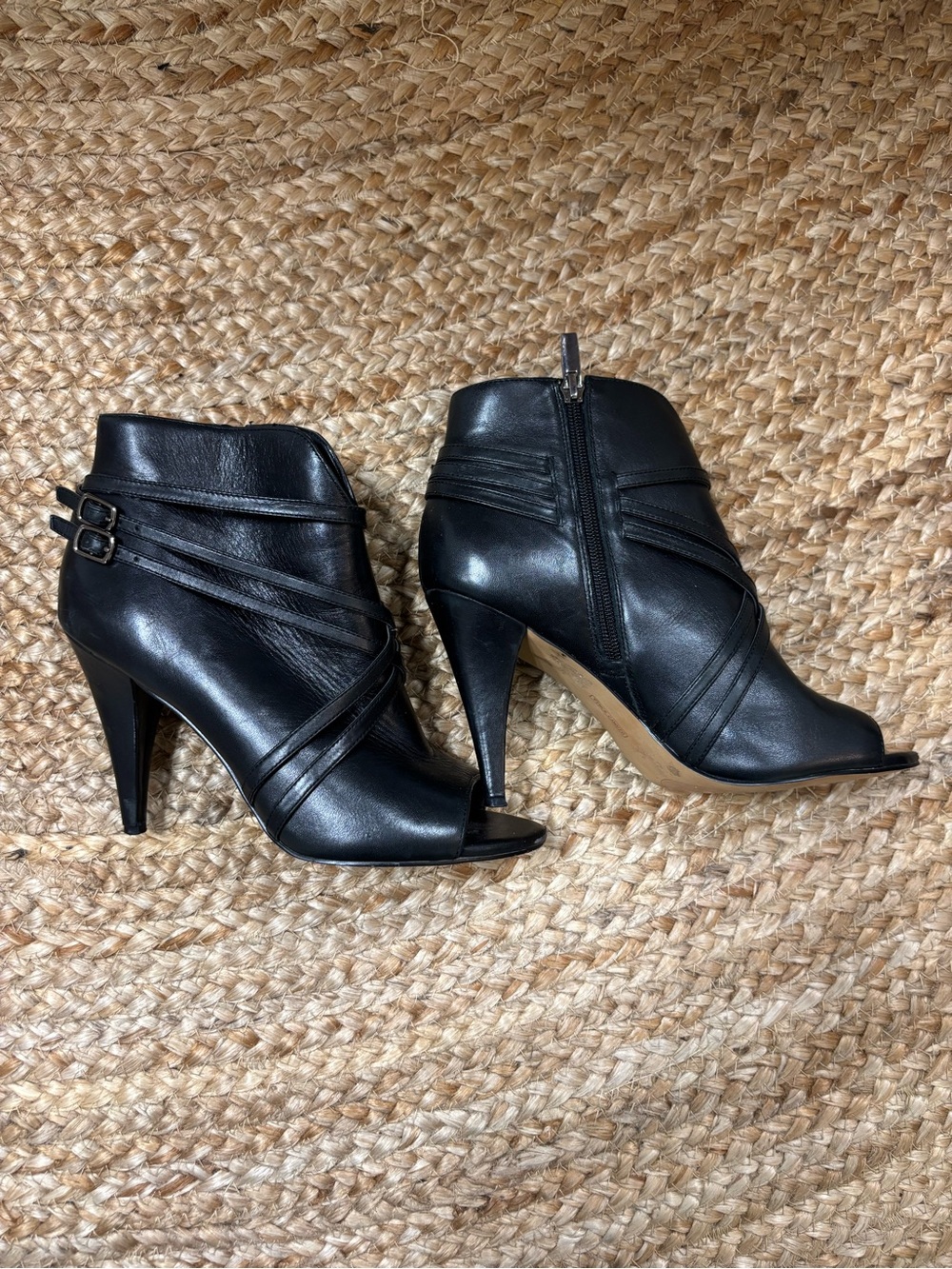 Vince Camuto Black Leather Peep-Toe Ankle Booties with Wrap Straps